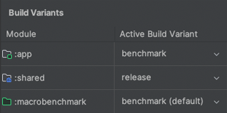 Benchmark variants for multi-module project with release and benchmark build types selected.