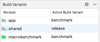 Varianti di benchmark per un progetto multi-modulo con i tipi di build di release e benchmark selezionati