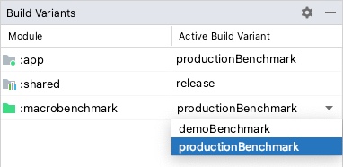Variantes de comparativas para el proyecto con variantes de producto que muestran el módulo productionBenchmark y la opción release seleccionados