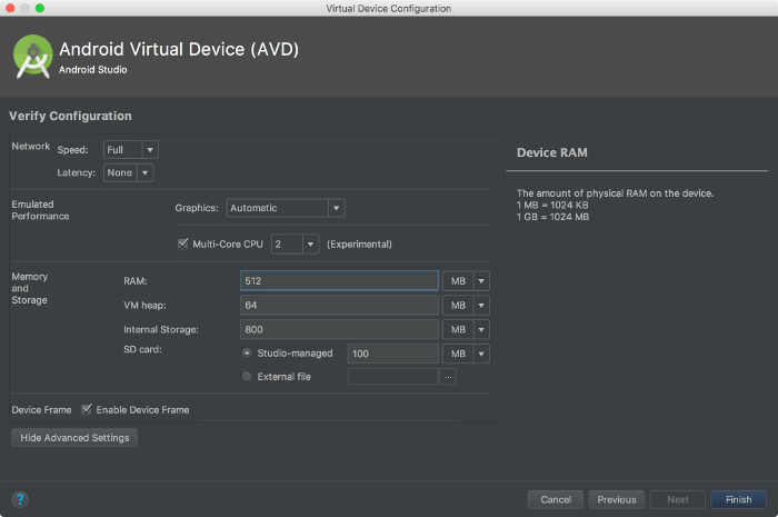 Memory setting on AVD manager