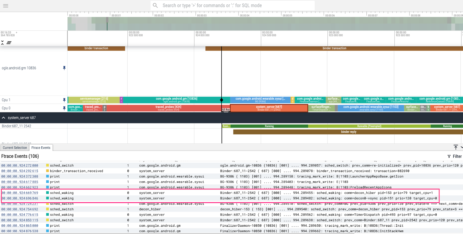 FTrace events associated with the binder transaction of interest highlighted.