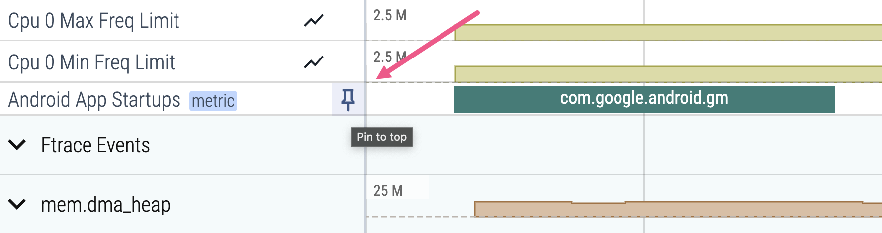 Ligne &quot;Android App Startups&quot; avec l&#39;option d&#39;épinglage mise en évidence.