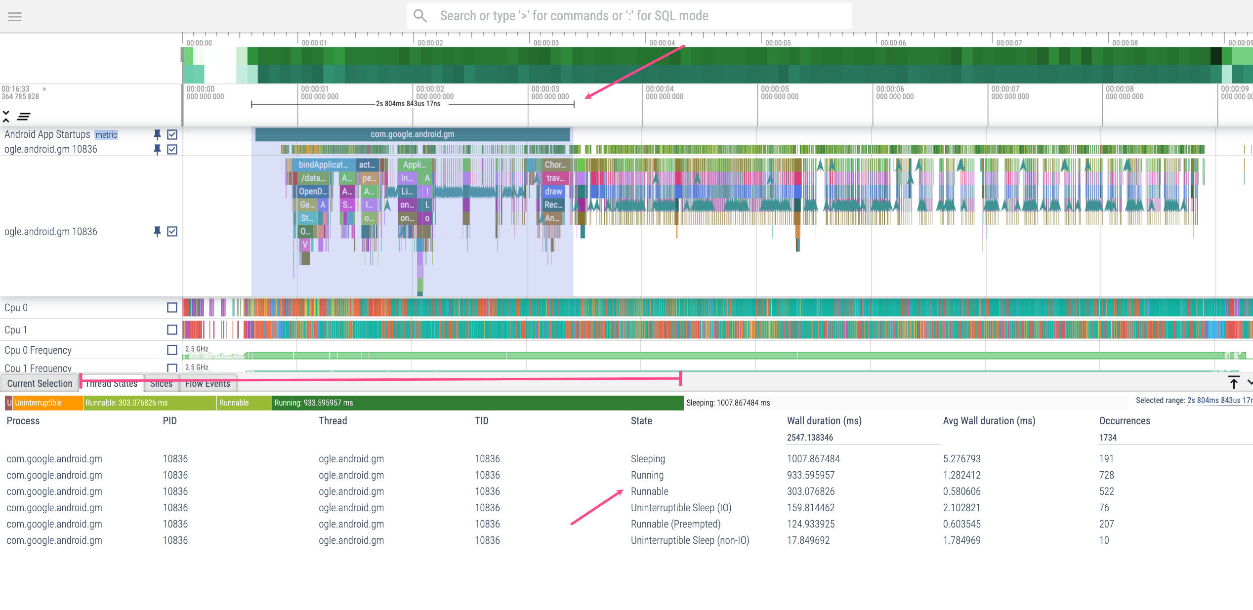 Main thread highlighted with total time in different states in Thread States panel.