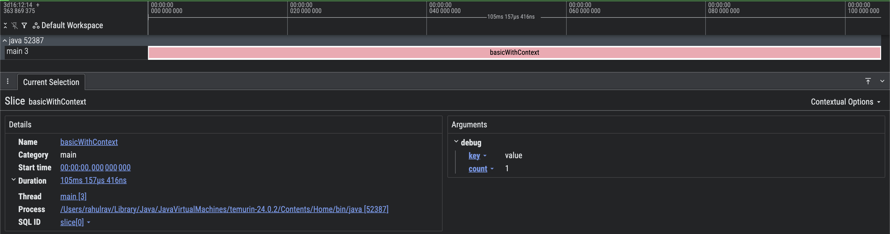 Screen capture of a basic Perfetto trace with additional metadata