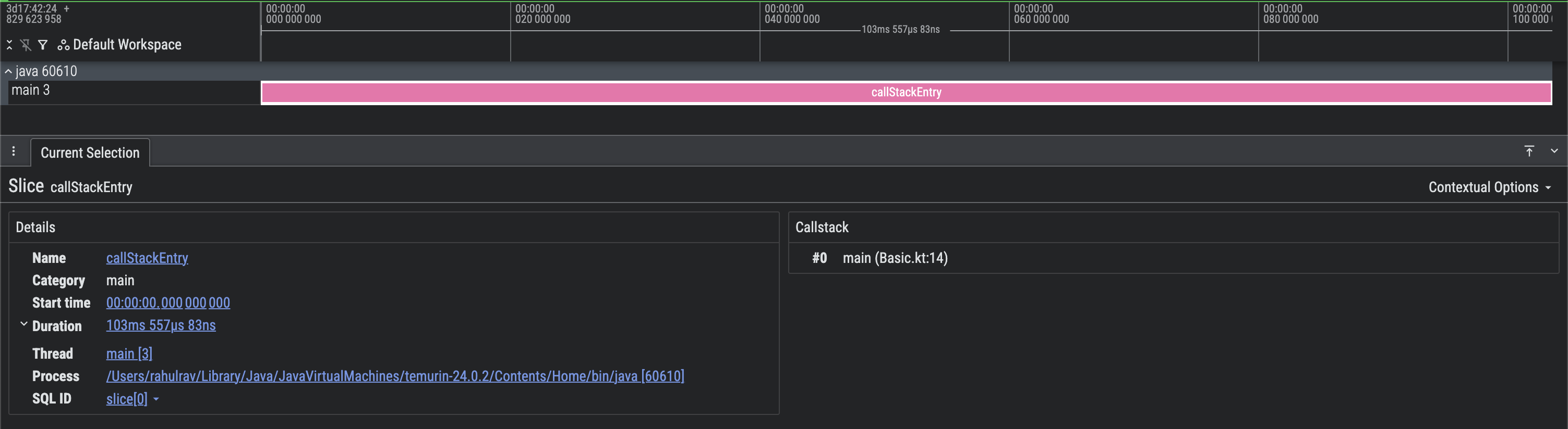 包含调用堆栈信息的 Perfetto 轨迹的屏幕截图