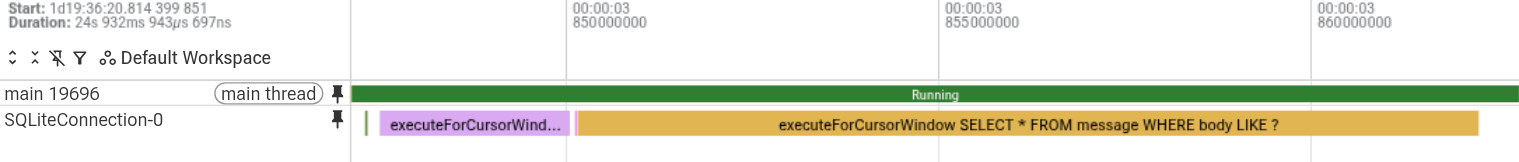 The main thread and SQLiteConnection-0 tracks in Perfetto, showing a
LIKE query that scans the whole table for 12 milliseconds on the main
thread