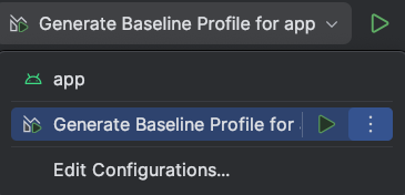 A configuração de execução &quot;Generate Baseline Profile&quot;.