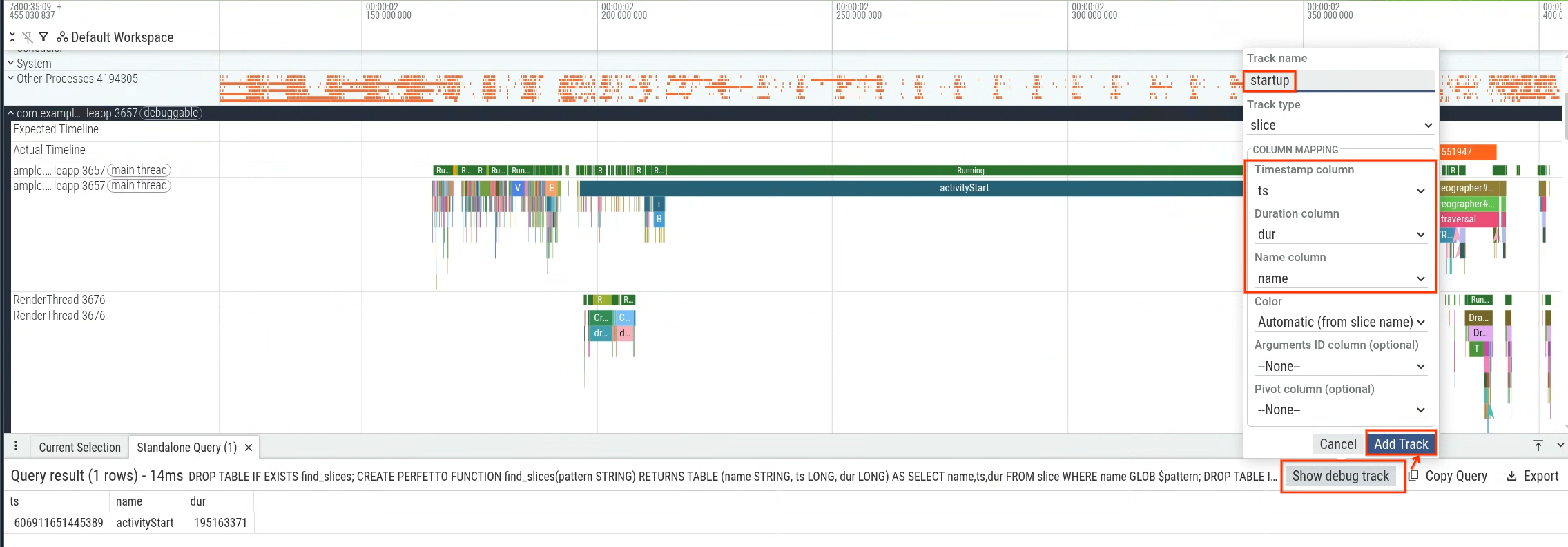 ภาพหน้าจอของ UI ของ Perfetto แสดงวิธีสร้างแทร็กการแก้ไขข้อบกพร่องสําหรับการค้นหาการเริ่มต้น
