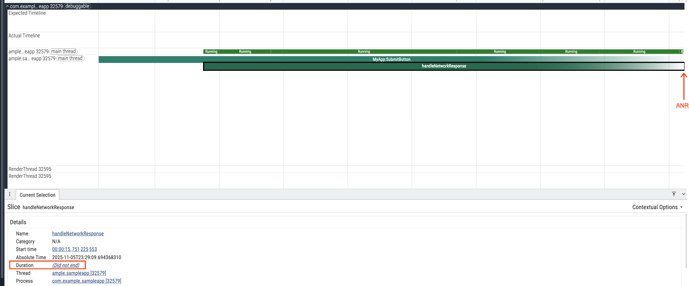 Die Perfetto-UI zeigt das Ende eines Traces und die Position des ANR-Triggers.