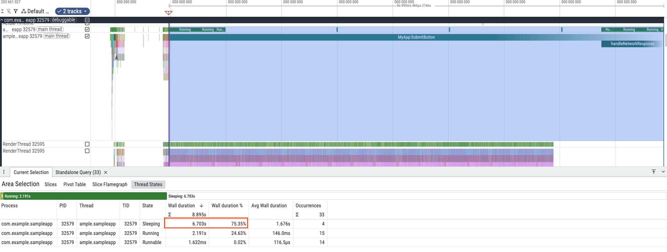 Perfetto UI showing thread states during an operation, highlighting 75%
 sleeping and 24% running time.