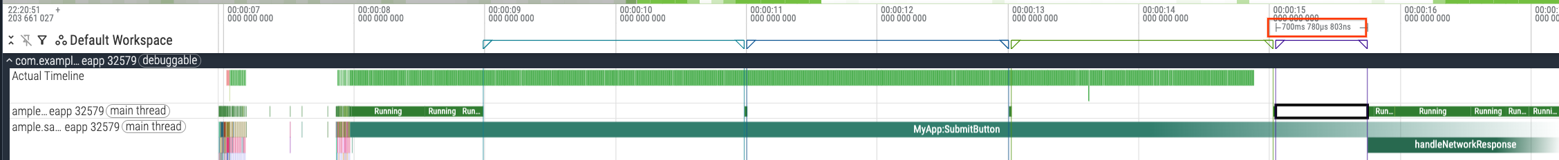 UI ของ Perfetto แสดงช่วงเวลาที่ 4 ที่แอปหยุดทำงานภายใน
 MyAppSubmitButton trace slice
