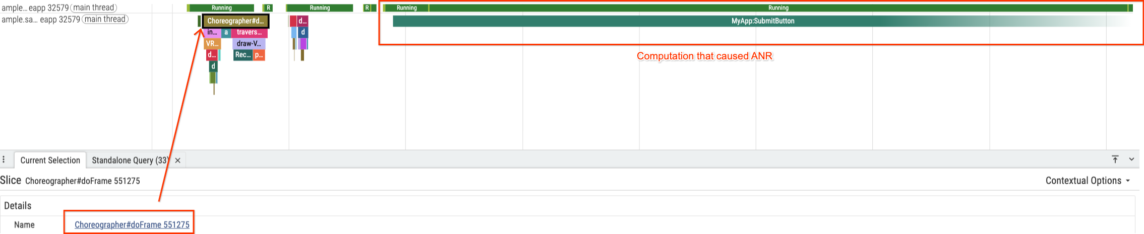 La IU de Perfetto muestra el último fotograma renderizado por el subproceso de IU antes del error de ANR.