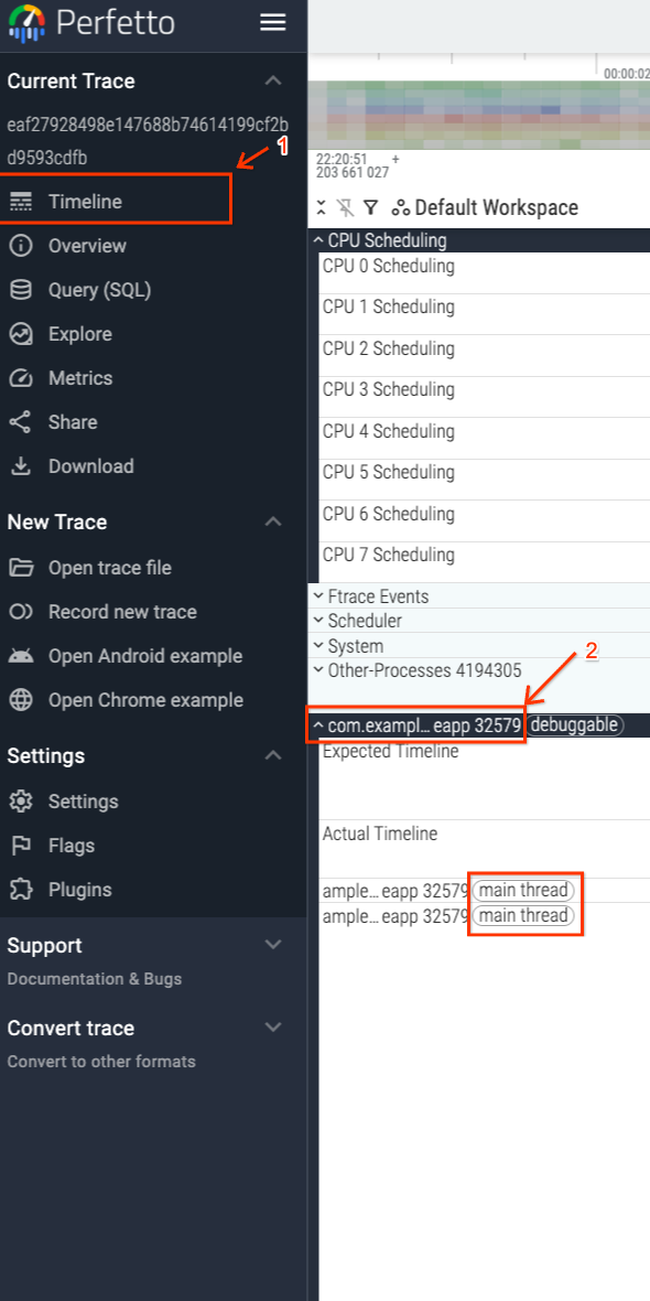 Navigation in der Perfetto-UI zum Hauptthread der App.