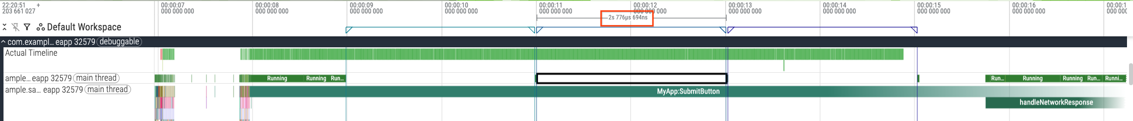 Perfetto UI showing the second sleeping interval within the
 MyAppSubmitButton trace slice.