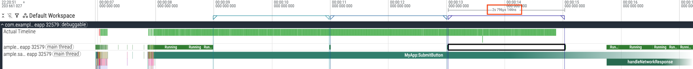 Interface utilisateur Perfetto affichant le troisième intervalle de veille dans le segment de trace MyAppSubmitButton.