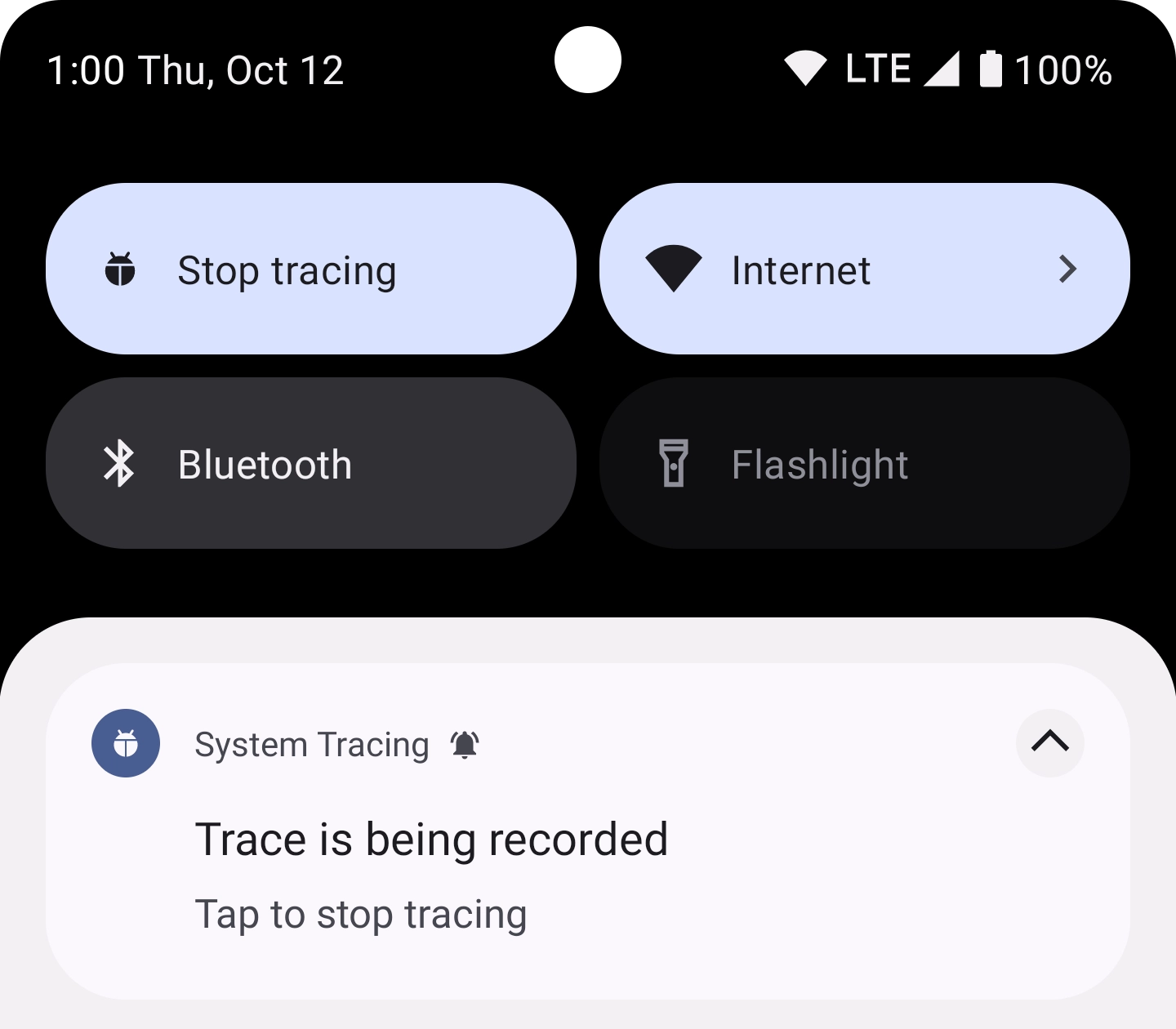 包含消息“Trace is being recorded. Tap to stop tracing.”的通知。