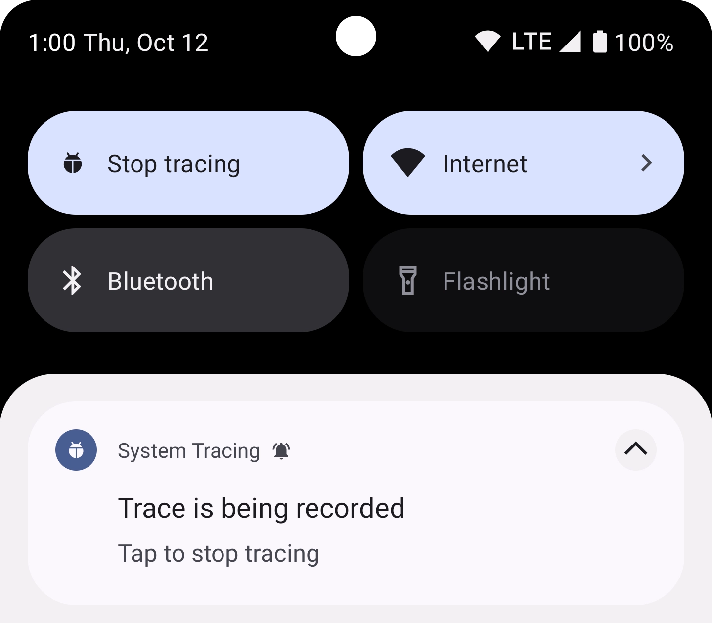 Notification associée au message &quot;Trace is being recorded. Tap to stop tracing.&quot; (L&#39;enregistrement de la trace est en cours. Appuyez pour arrêter le traçage.)