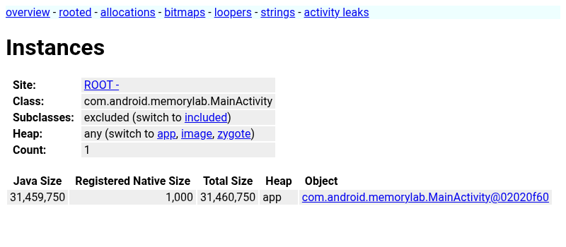 显示 MainActivity 实例的 AHAT 视图