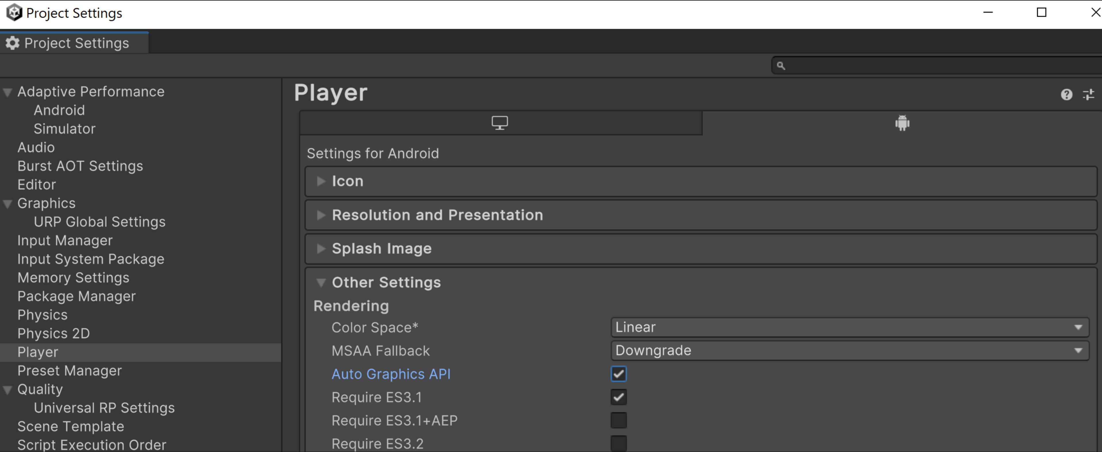 Project settings dialog.