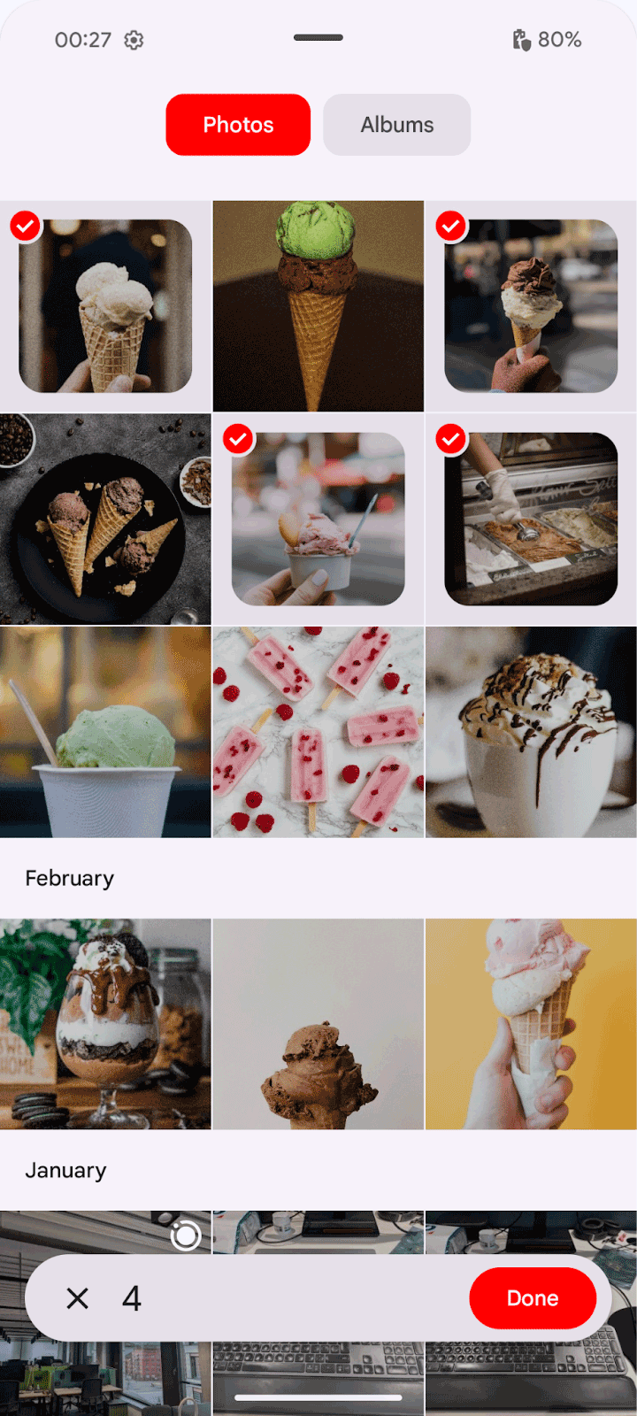 Screenshot pemilih foto dengan warna aksen (diperluas)