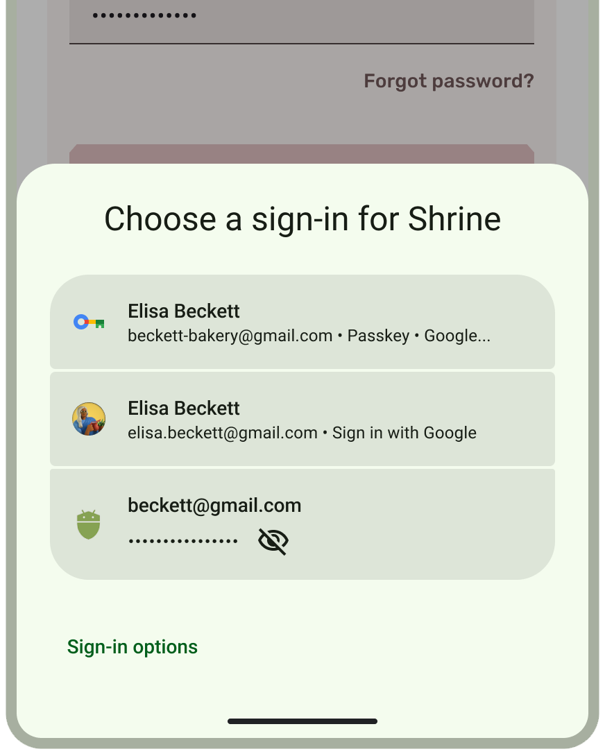Снимок экрана нижнего листа Android Credential Manager.