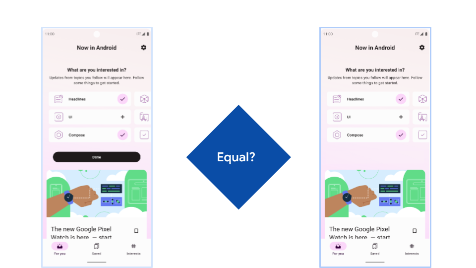 A screenshot test compares two images, one new screenshot and one reference image.