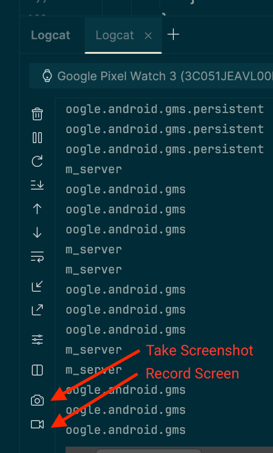 The Android Logcat Devices window, with arrows pointing to the screenshot and screen record buttons.