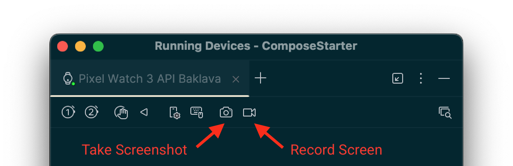 Android Studio 的“Running Devices”（正在运行的设备）窗口，其中箭头指向“Screenshot”（屏幕截图）和“Screen record”（屏幕录制）按钮。