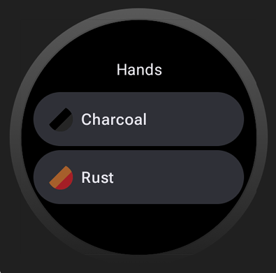 Ogni tema di colore viene visualizzato come elemento in un elenco. Il nome dell'elemento
    viene visualizzato nel titolo della schermata