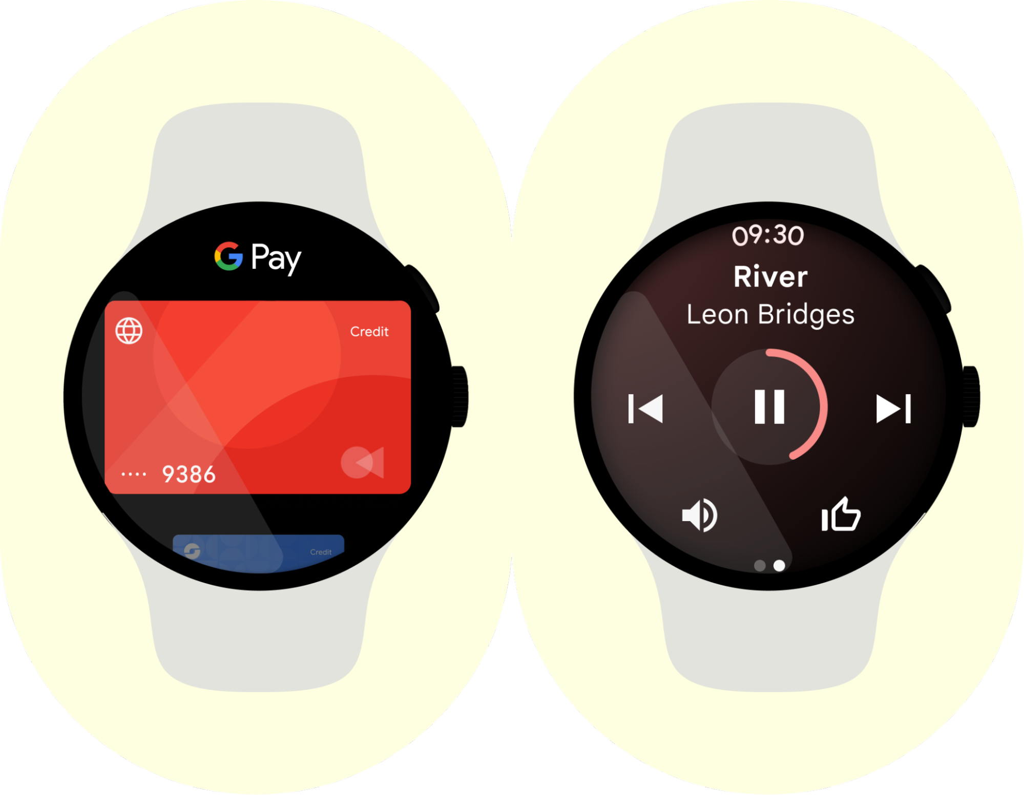 Wear OS app interfaces showing focused tasks.