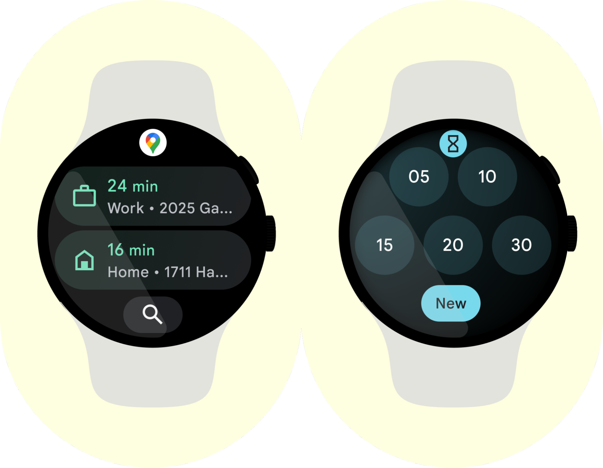 A maps app and timer app running on Wear OS.