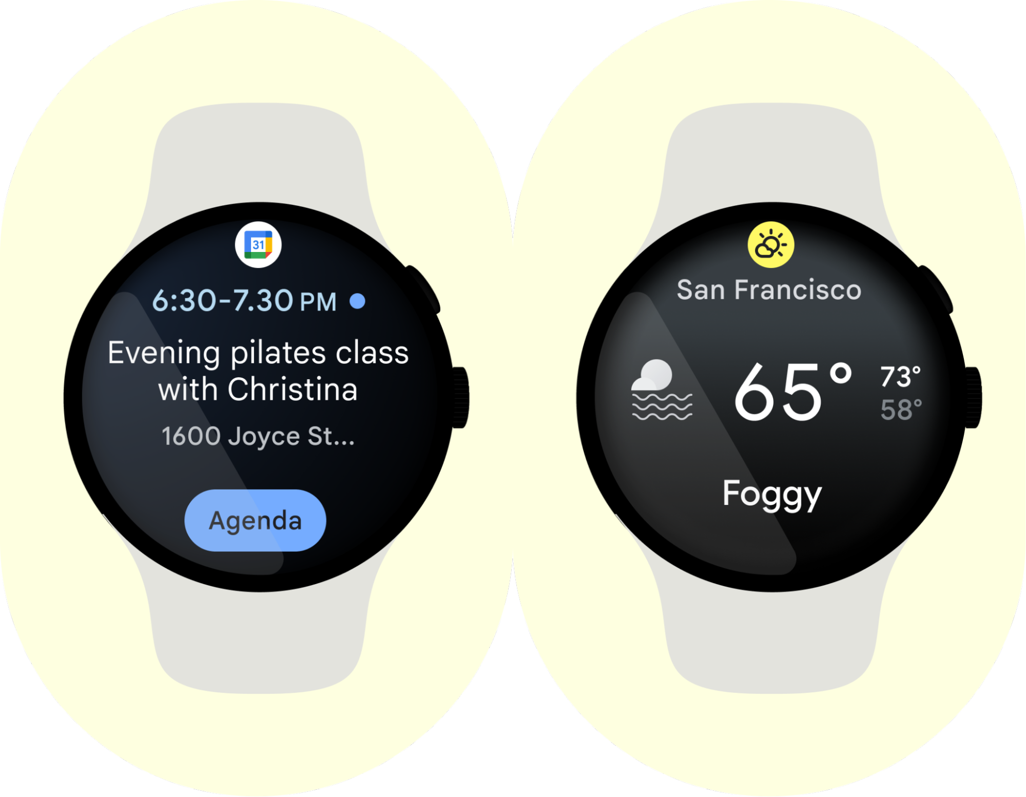 Wear OS calendar and weather apps with fresh content.