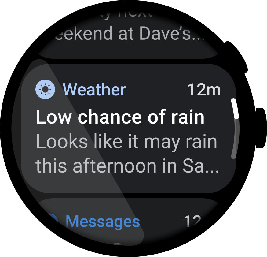 Wear OS watch face showing a weather notification.