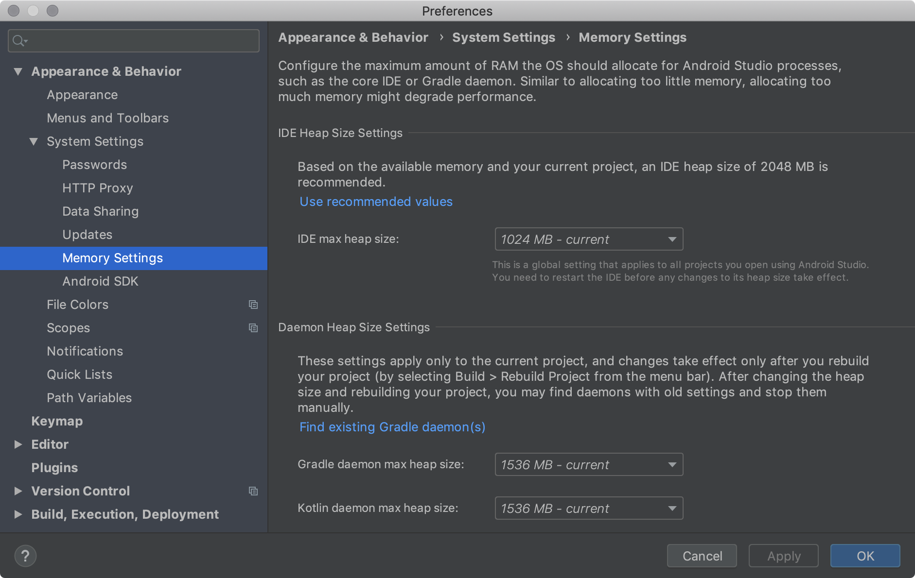 The memory settings, which let you configure maximum amount of RAM
   for Android Studio processes.
