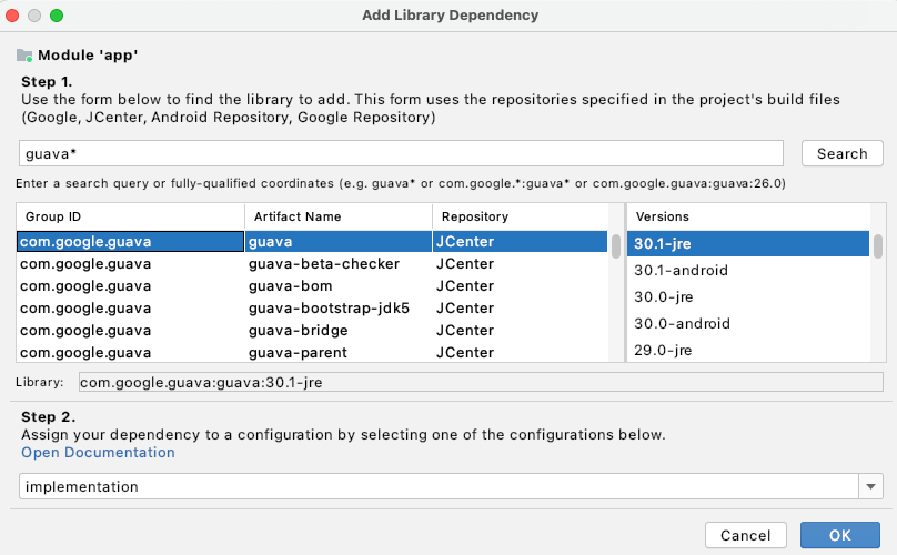 Menambahkan dependensi library di Project Structure Dialog