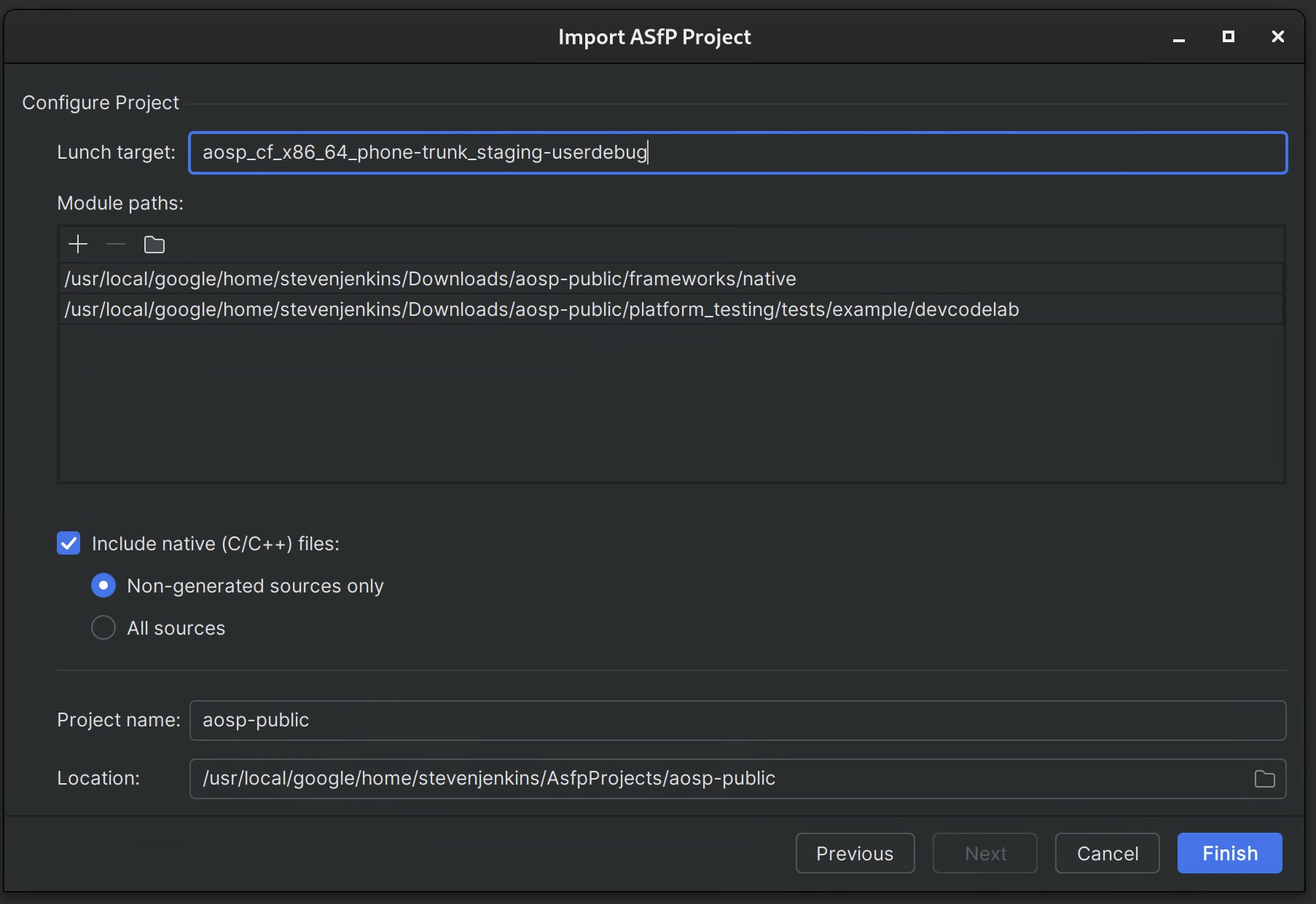 Schermata della procedura guidata di configurazione di ASfP New Project