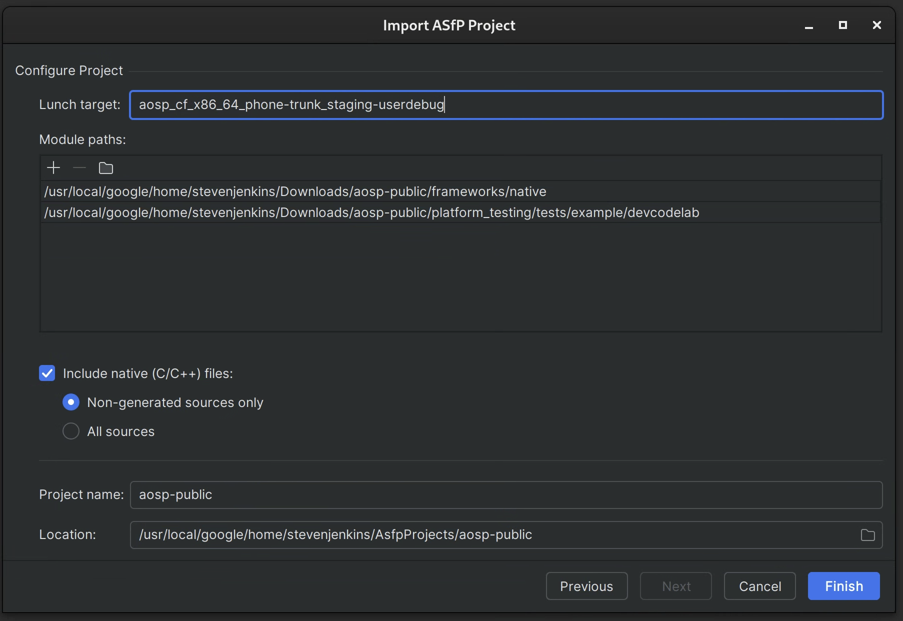 Project import screen