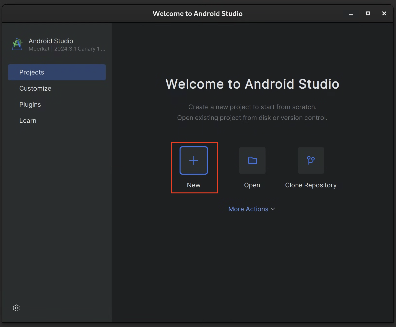Layar Selamat Datang ASfP yang menampilkan opsi Project Baru