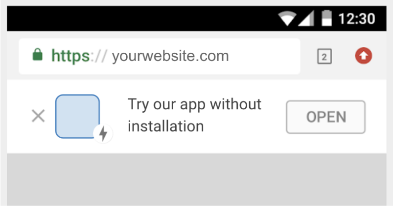 A banner at the top of the webpage reads 'Try our app without
installation' and includes a button to open the instant experience